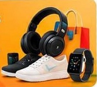 Headphones, sneakers, smart watch and shopping bags
